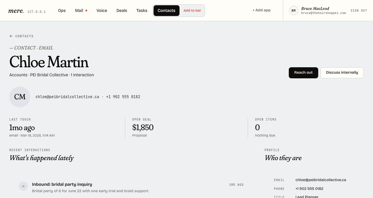 The Hair Shop customer record showing timeline, deals, tasks, and recent interactions