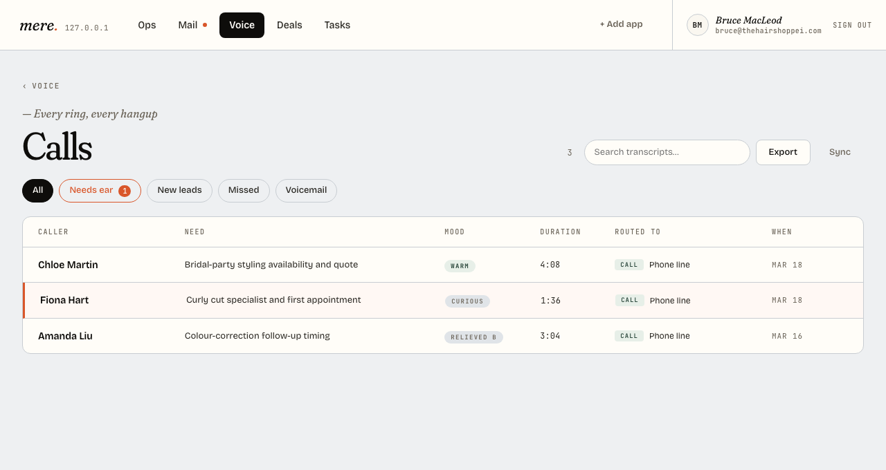 The Hair Shop voice inbox with call transcripts, caller needs, mood, and routing