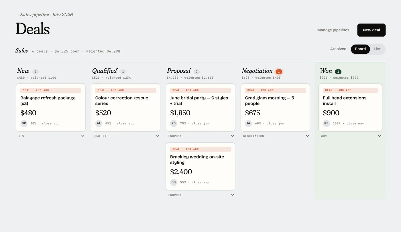 The deals board in Mere, work moving through stages with values and close dates.