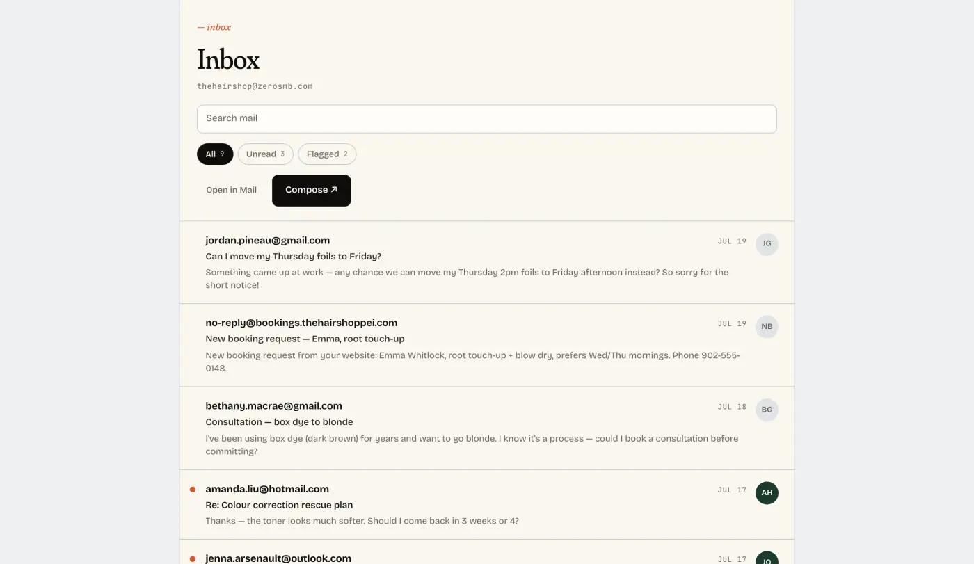The shared inbox in Mere, threads matched to the customers they belong to.