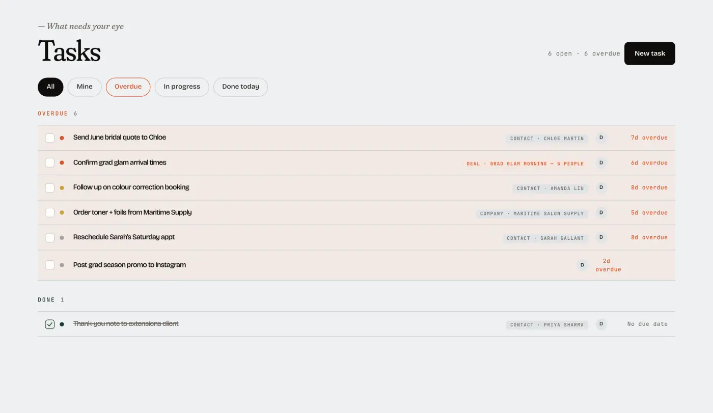 Tasks in Mere, grouped by what is due and who owns the next action.