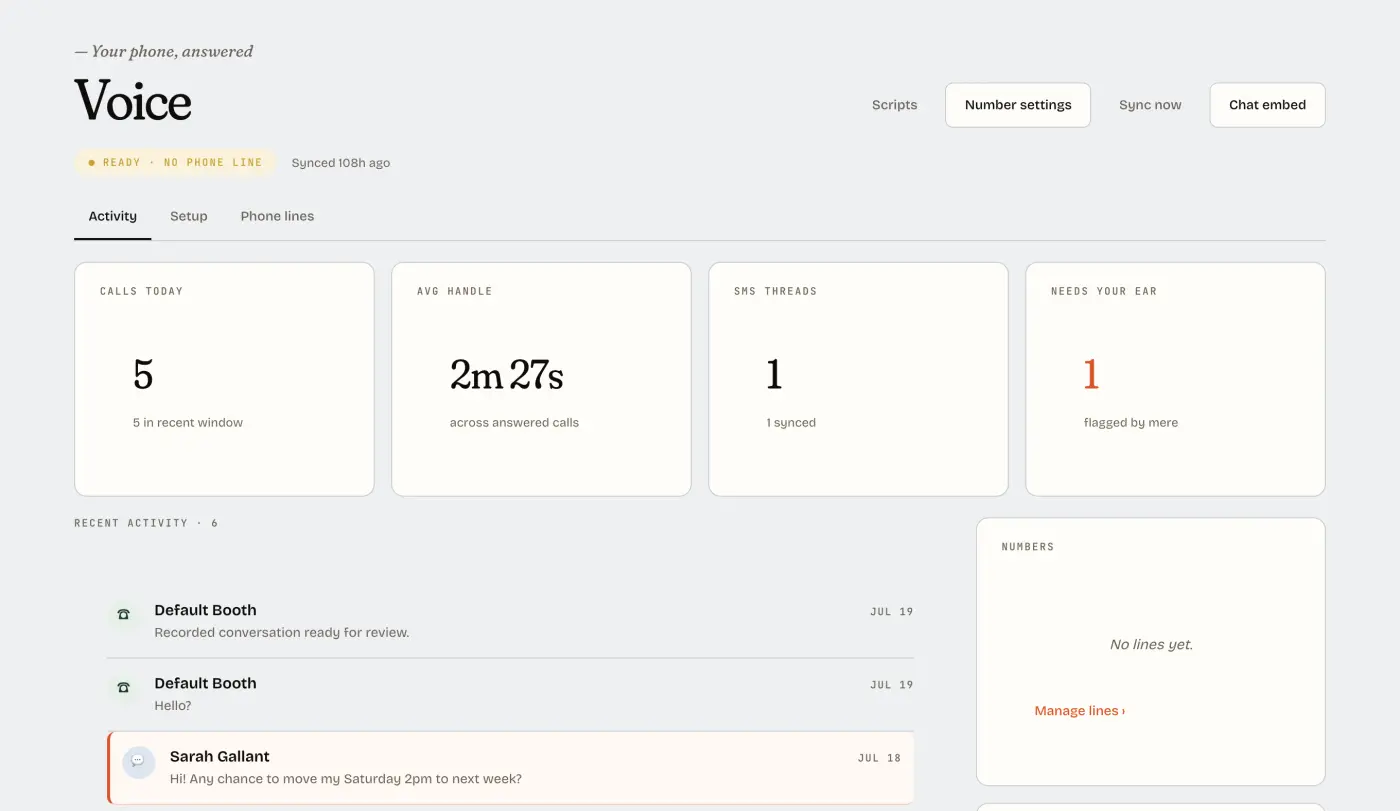 Voice in Mere: answered calls, transcripts and follow-up, attached to customer records.